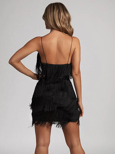 Deep V-Neck Backless Tassel Dress - Slobuy