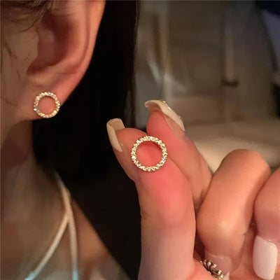 Delicate Small Circle Stud Earrings for Women Gold Color Crystal Minimalist Korean Party Summer Fashion Jewelry Accessories - Slobuy