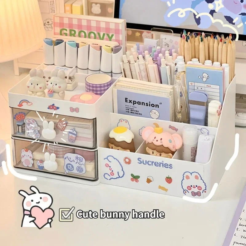 Desktop Cosmetic Storage Box Organizer Drawer Office Storage Rack Stationery Desk Pen Holder Bunny Drawer Organizer Cute Kawaii - Slobuy