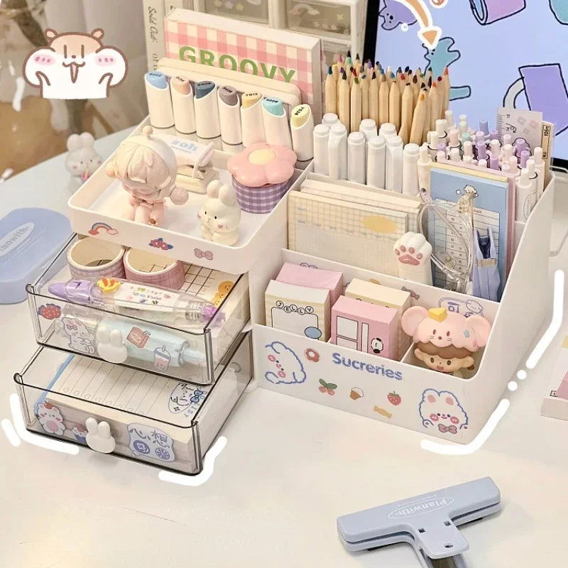 Desktop Cosmetic Storage Box Organizer Drawer Office Storage Rack Stationery Desk Pen Holder Bunny Drawer Organizer Cute Kawaii - Slobuy
