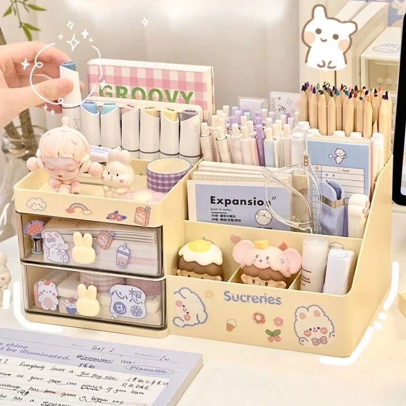 Desktop Cosmetic Storage Box Organizer Drawer Office Storage Rack Stationery Desk Pen Holder Bunny Drawer Organizer Cute Kawaii - Slobuy