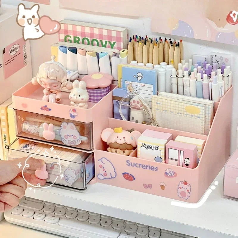 Desktop Cosmetic Storage Box Organizer Drawer Office Storage Rack Stationery Desk Pen Holder Bunny Drawer Organizer Cute Kawaii - Slobuy