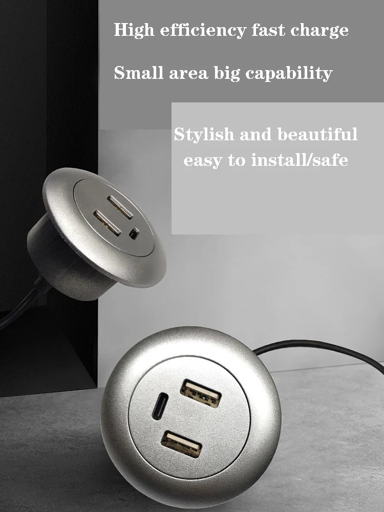 Desktop Hole Embedded 5V2A USB to 2USB+type-C Dual Socket Hidden Charging Furniture Office Invisible Mobile Phone Fast Charging - Slobuy