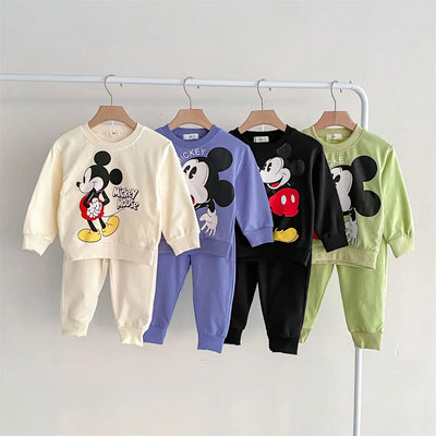 Disney Mickey Children' Tracksuit Cartoon Fashion Loose Baby Girl Boy Long Sleeve Crewneck Hoodies + Pants Two Piece Set Clothes - Slobuy