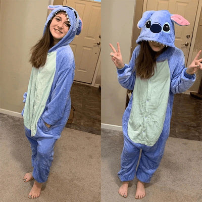 Disney Stitch Costumes Women Stitch Cosplay Jumpsuit for Adults Cute Hooded Pajamas Onesie Halloween Costumes Women Men - Slobuy