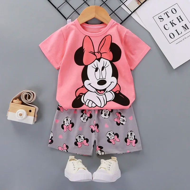 Disney Summer Baby Girl Clothes Set Cartoon Minnie Short Sleeve Cotton Girls Outfits for 0-3year Kids Clothes - Slobuy