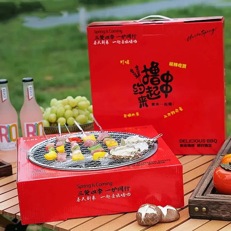 Disposable Camping BBQ Grill Set Fast Ignition Portable Household Outdoor Smoke-Free Carbon Garden Picnic Grilled Meat Rack - Slobuy