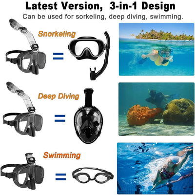 Diving Masks Foldable Anti-Fog Snorkel Mask Set with Full Dry Top System for Free Swim Professional Snorkeling Gear Adults Kids - Slobuy