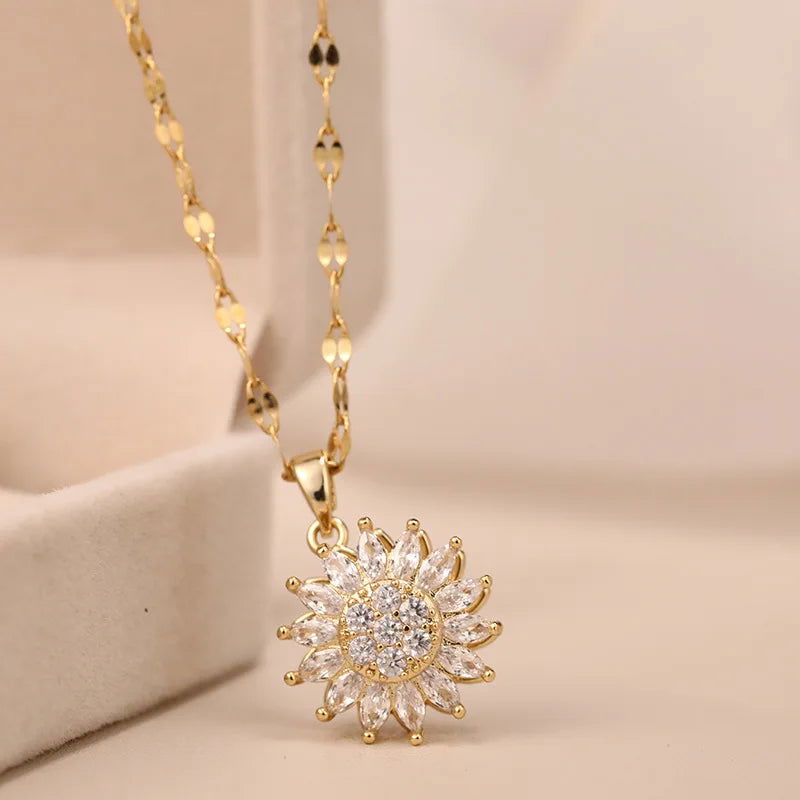 Double-layer Rotatable Sunflower Necklaces For Women Chain Choker Stainless Steel Jewelry Accessories Free Shipping Items - Slobuy