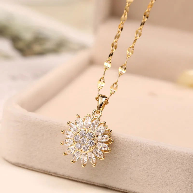 Double-layer Rotatable Sunflower Necklaces For Women Chain Choker Stainless Steel Jewelry Accessories Free Shipping Items - Slobuy
