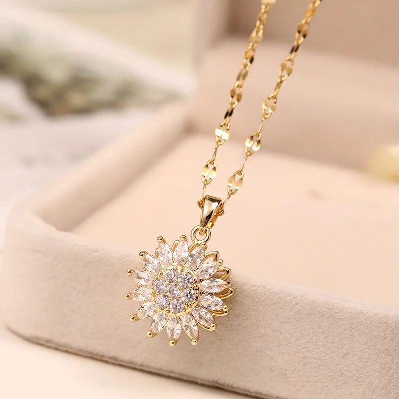 Double-layer Rotatable Sunflower Necklaces For Women Chain Choker Stainless Steel Jewelry Accessories Free Shipping Items - Slobuy