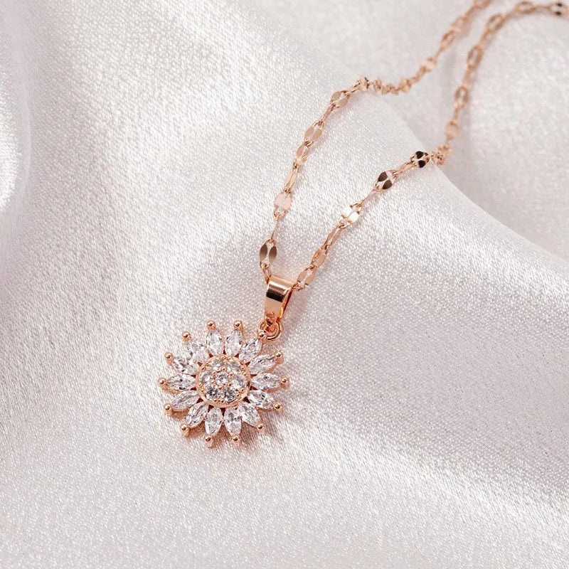 Double-layer Rotatable Sunflower Necklaces For Women Chain Choker Stainless Steel Jewelry Accessories Free Shipping Items - Slobuy
