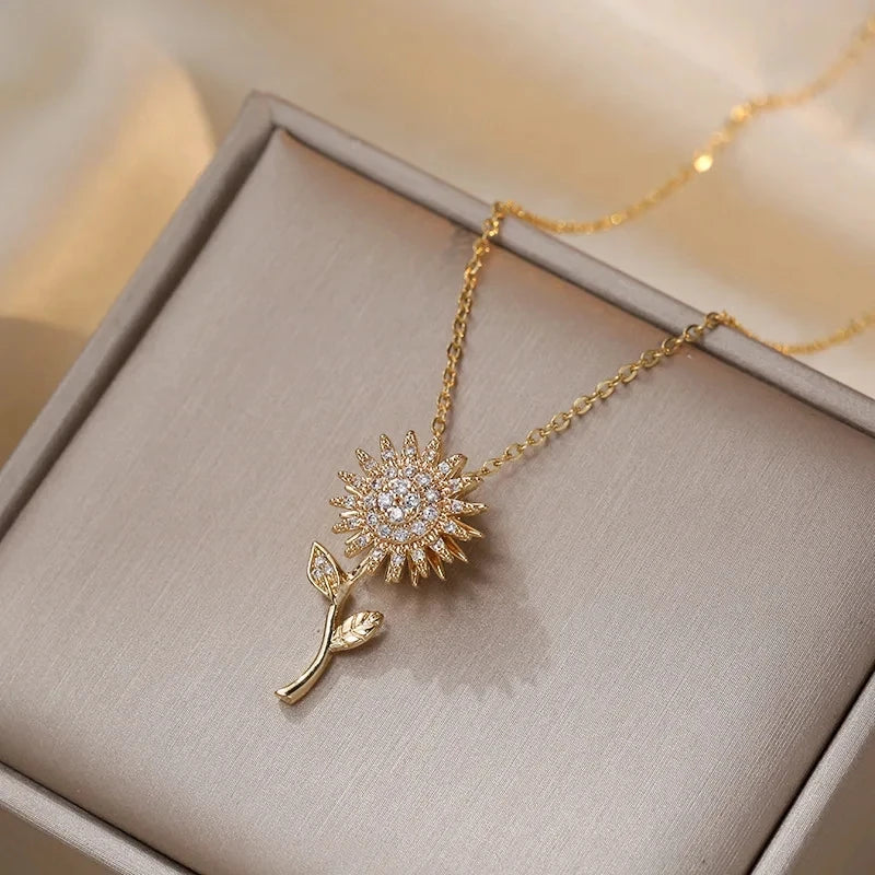 Double-layer Rotatable Sunflower Necklaces For Women Chain Choker Stainless Steel Jewelry Accessories Free Shipping Items - Slobuy