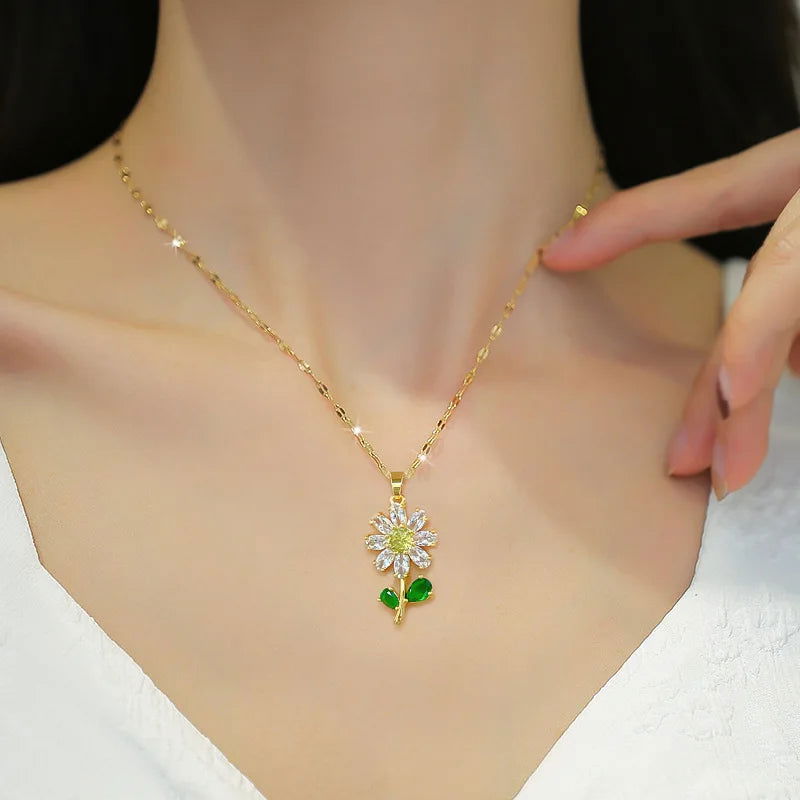 Double-layer Rotatable Sunflower Necklaces For Women Chain Choker Stainless Steel Jewelry Accessories Free Shipping Items - Slobuy