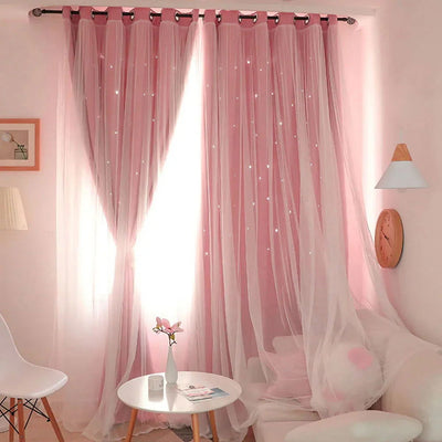 Double Layers Romantic Sheer Kids Children Girls Curtains With Hollow Out Stars For Living Room Bedroom Windows Drapes - Slobuy