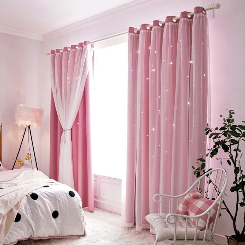 Double Layers Romantic Sheer Kids Children Girls Curtains With Hollow Out Stars For Living Room Bedroom Windows Drapes - Slobuy