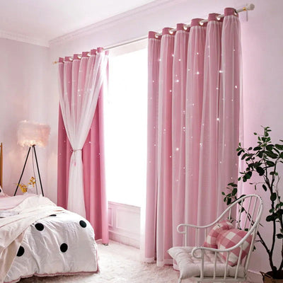 Double Layers Romantic Sheer Kids Children Girls Curtains With Hollow Out Stars For Living Room Bedroom Windows Drapes - Slobuy
