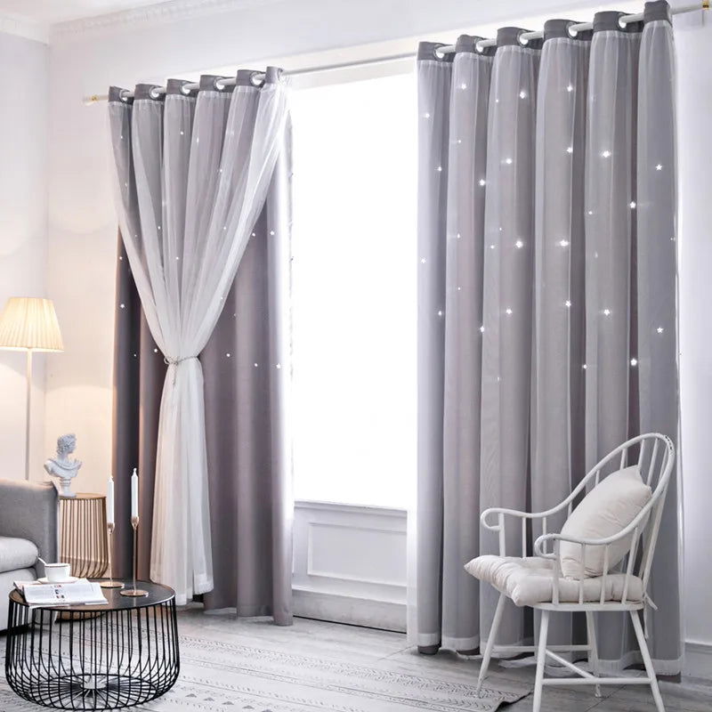 Double Layers Romantic Sheer Kids Children Girls Curtains With Hollow Out Stars For Living Room Bedroom Windows Drapes - Slobuy