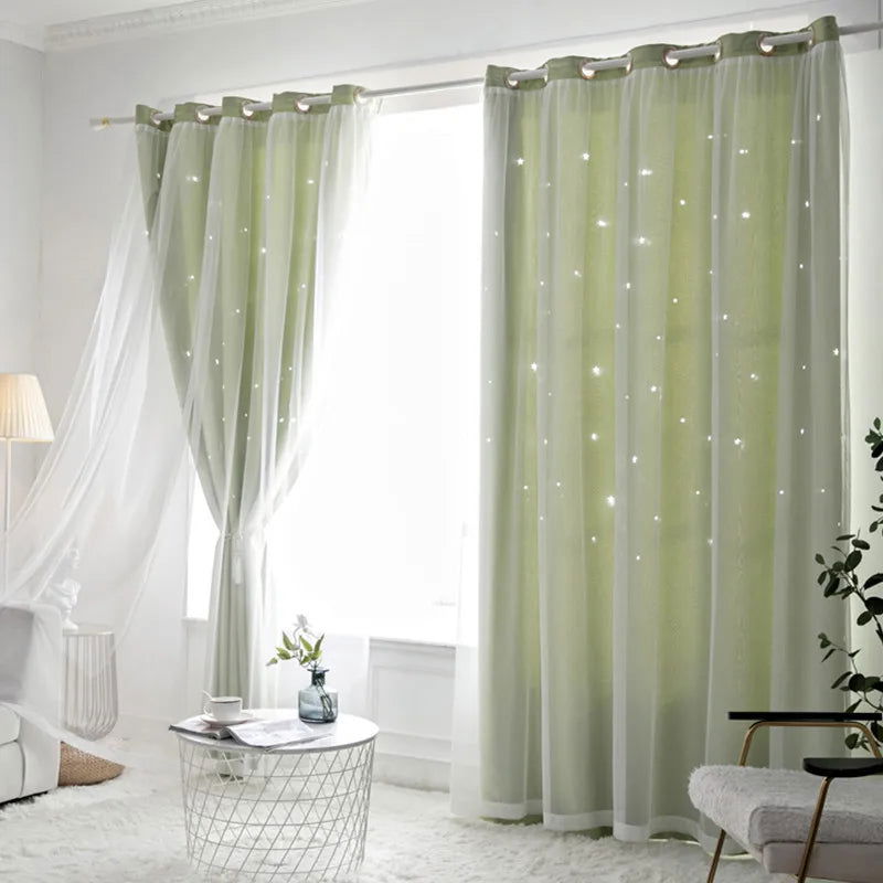 Double Layers Romantic Sheer Kids Children Girls Curtains With Hollow Out Stars For Living Room Bedroom Windows Drapes - Slobuy