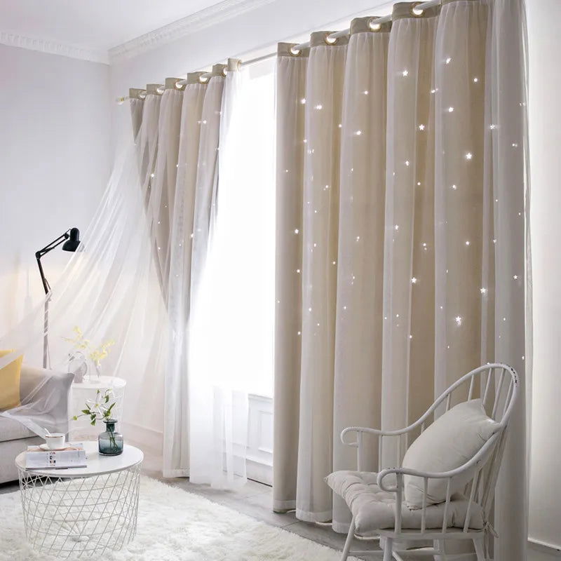 Double Layers Romantic Sheer Kids Children Girls Curtains With Hollow Out Stars For Living Room Bedroom Windows Drapes - Slobuy