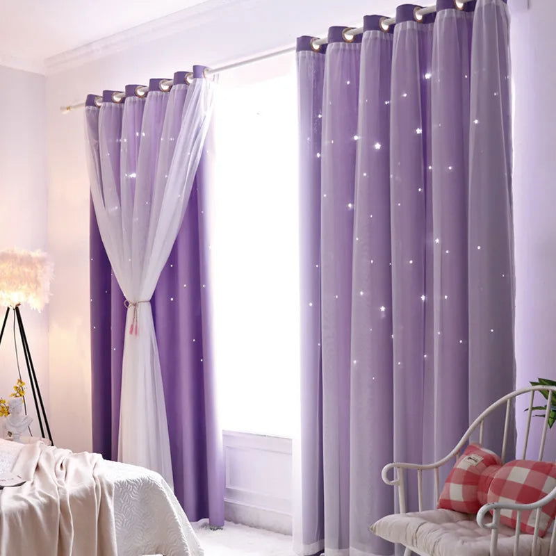 Double Layers Romantic Sheer Kids Children Girls Curtains With Hollow Out Stars For Living Room Bedroom Windows Drapes - Slobuy