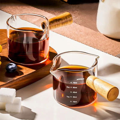 Wood Handle Glass Espresso Measuring Cup Single/Double Mouth Milk Jug Coffee Supplies Transparent Kitchen Measure Mug - Slobuy