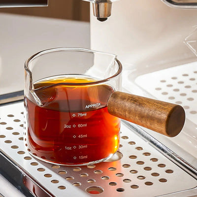 Wood Handle Glass Espresso Measuring Cup Single/Double Mouth Milk Jug Coffee Supplies Transparent Kitchen Measure Mug - Slobuy
