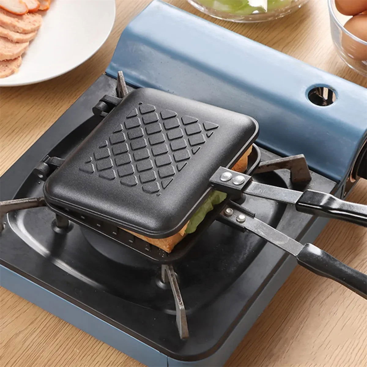 Double Sided Frying Pan Sandwich Maker Non-stick Grilled Sandwich and Panini Maker Pan with Handle Aluminum Flip Pan - Slobuy