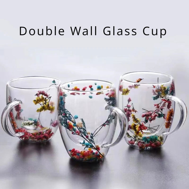 Double Wall Glass Cup with Handle Dried Flower Decorated Coffee Cup Milk Mug Heat Resistant Tea Cups Glass Mug Kitchen Supplies - Slobuy
