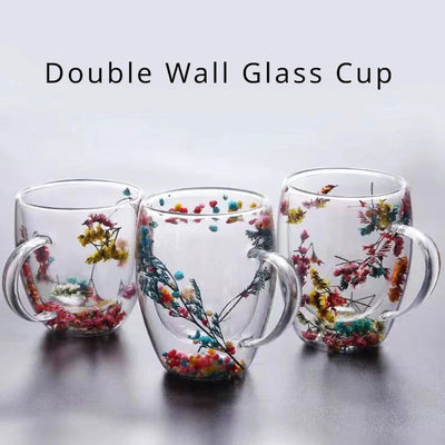 Double Wall Glass Cup with Handle Dried Flower Decorated Coffee Cup Milk Mug Heat Resistant Tea Cups Glass Mug Kitchen Supplies - Slobuy