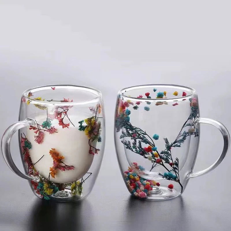 Double Wall Glass Cup with Handle Dried Flower Decorated Coffee Cup Milk Mug Heat Resistant Tea Cups Glass Mug Kitchen Supplies - Slobuy