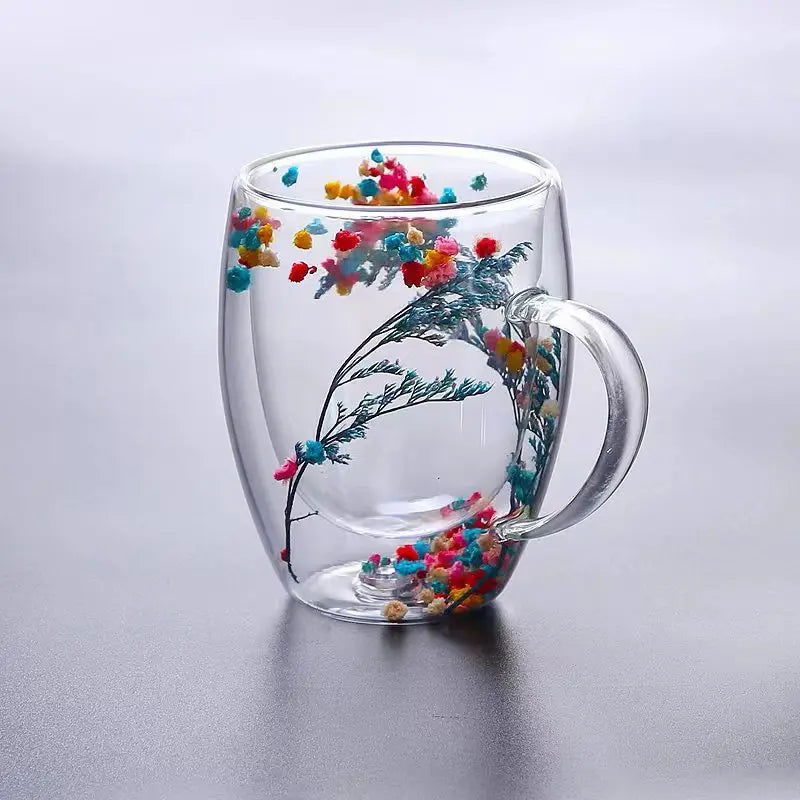 Double Wall Glass Cup with Handle Dried Flower Decorated Coffee Cup Milk Mug Heat Resistant Tea Cups Glass Mug Kitchen Supplies - Slobuy