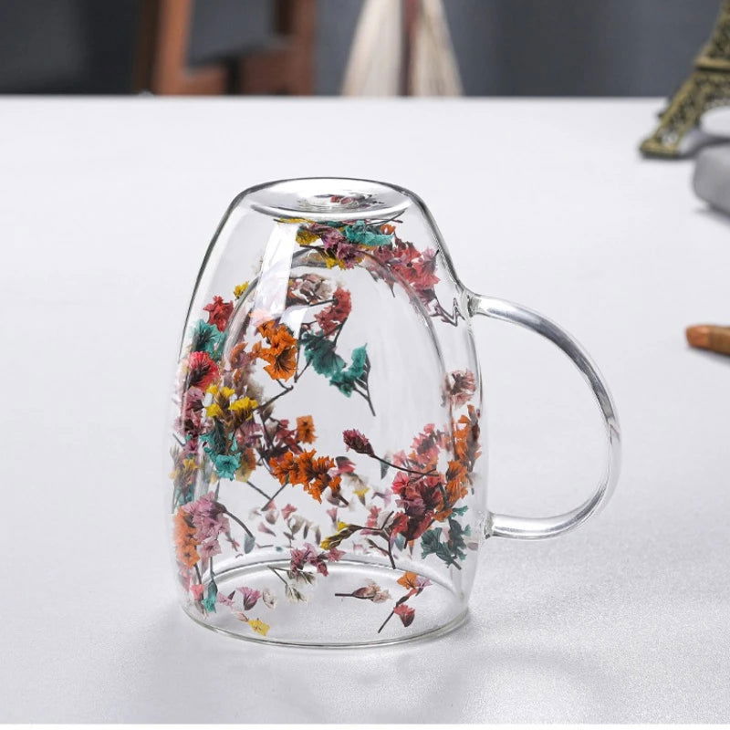 Double Wall Glass Cup with Handle Dried Flower Decorated Coffee Cup Milk Mug Heat Resistant Tea Cups Glass Mug Kitchen Supplies - Slobuy