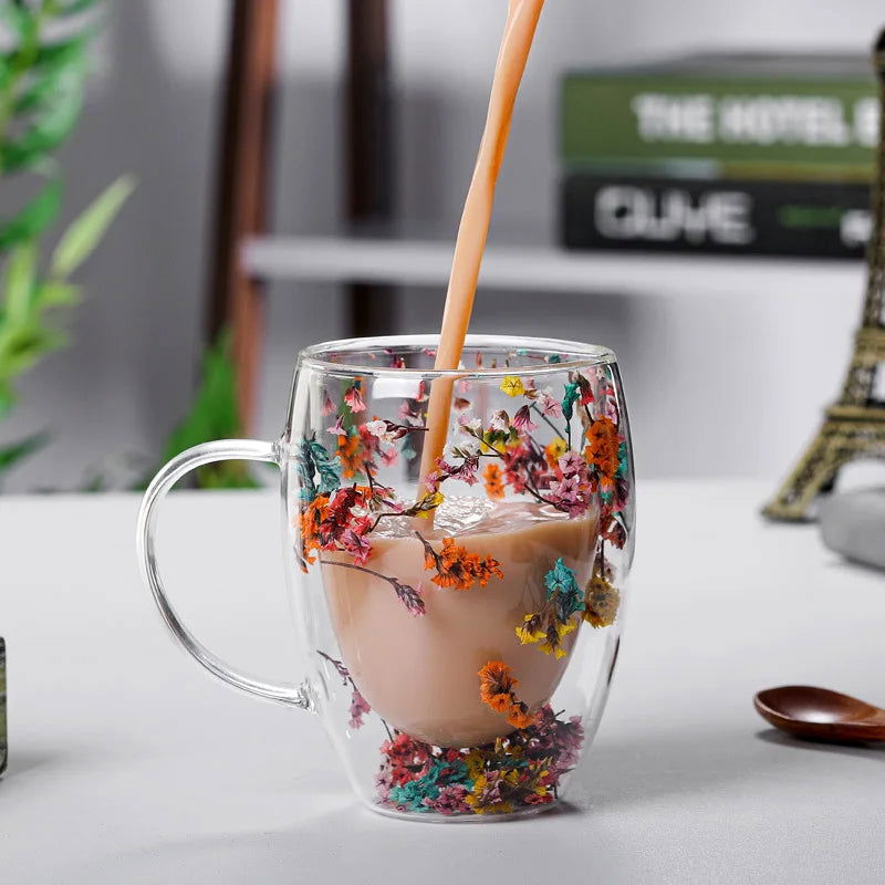 Double Wall Glass Cup with Handle Dried Flower Decorated Coffee Cup Milk Mug Heat Resistant Tea Cups Glass Mug Kitchen Supplies - Slobuy
