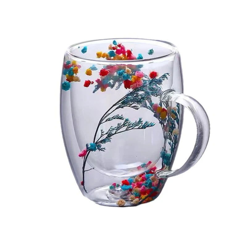 Double Wall Glass Cup with Handle Dried Flower Decorated Coffee Cup Milk Mug Heat Resistant Tea Cups Glass Mug Kitchen Supplies - Slobuy