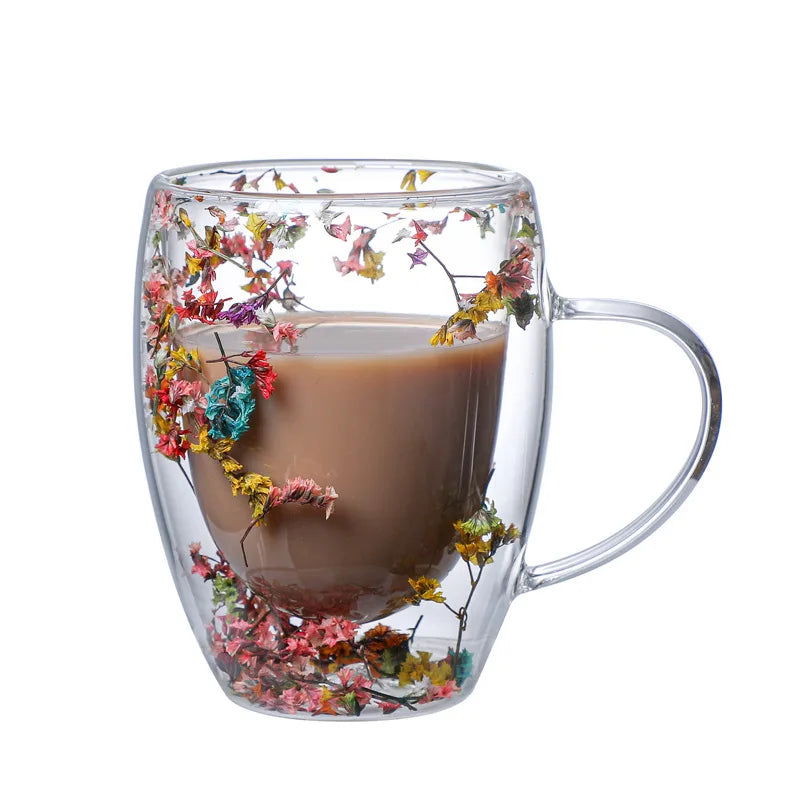 Double Wall Glass Cup with Handle Dried Flower Decorated Coffee Cup Milk Mug Heat Resistant Tea Cups Glass Mug Kitchen Supplies - Slobuy