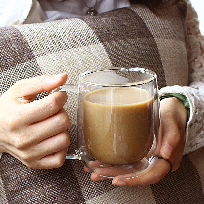 Double Wall High Borosilicate Glass Mug Heat Resistant Handle Coffee Milk Juice Water Cup Bar Drinkware Coffeeware Lover Gift - Slobuy