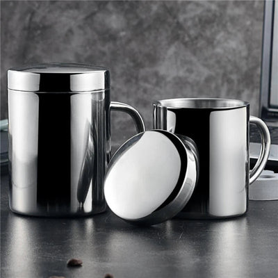 Double Wall Stainless Steel Coffee Mug with lid Portable Cup Travel Tumbler Jug Milk Tea Cups Office Water Mugs - Slobuy