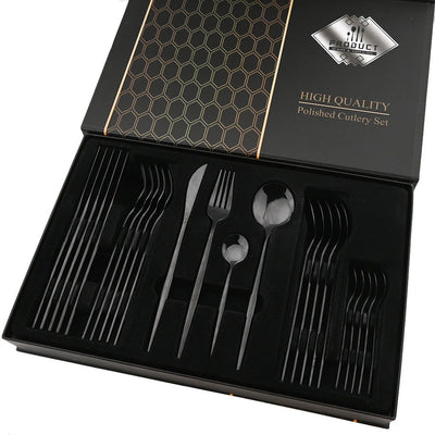 Drmfiy 24P Cutlery Stainless Steel Set Knife Fork Spoon Flatware Black Tableware Set Gift Box Dinnerware Dishwasher Kitchenware - Slobuy