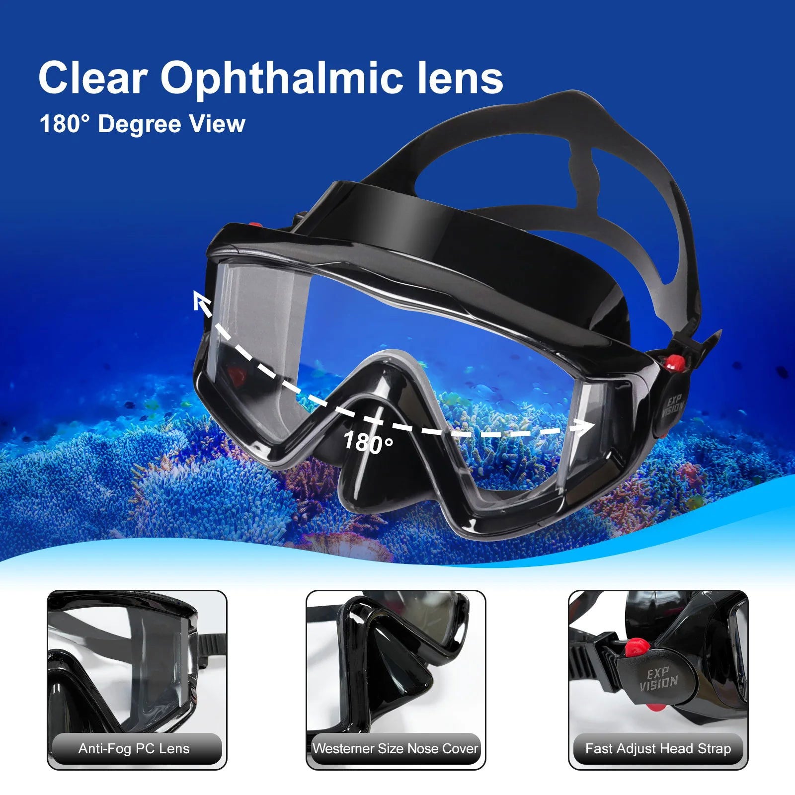 Dry Snorkel Set, Pano 3 Window Snorkel Mask, Anti-Fog Scuba Diving Goggle and Snorkel, Adult Snorkeling Swim Mask with  PC  Lens - Slobuy