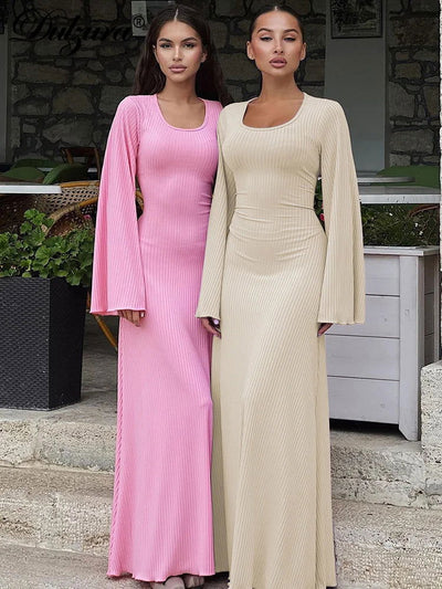 Dulzura Solid Ribbed Trumpet Sleeves Maxi Dress Back Lace-Up Straps Elegant Casual 2023 Autumn Winter For Women Birthday - Slobuy