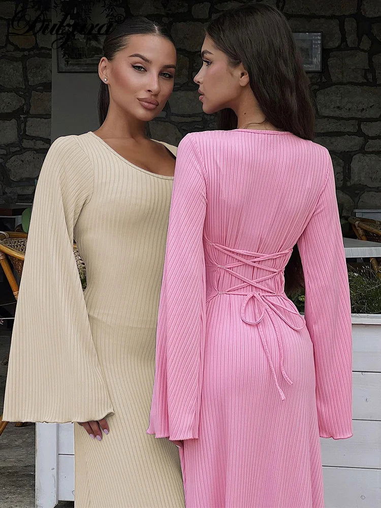 Dulzura Solid Ribbed Trumpet Sleeves Maxi Dress Back Lace-Up Straps Elegant Casual 2023 Autumn Winter For Women Birthday - Slobuy