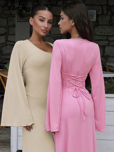 Dulzura Solid Ribbed Trumpet Sleeves Maxi Dress Back Lace-Up Straps Elegant Casual 2023 Autumn Winter For Women Birthday - Slobuy