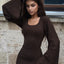 Dulzura Solid Ribbed Trumpet Sleeves Maxi Dress Back Lace-Up Straps Elegant Casual 2023 Autumn Winter For Women Birthday - Slobuy