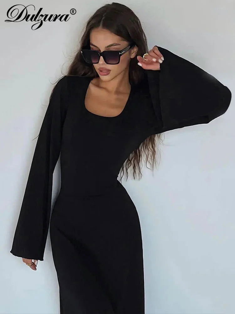 Dulzura Solid Ribbed Trumpet Sleeves Maxi Dress Back Lace-Up Straps Elegant Casual 2023 Autumn Winter For Women Birthday - Slobuy