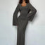 Dulzura Solid Ribbed Trumpet Sleeves Maxi Dress Back Lace-Up Straps Elegant Casual 2023 Autumn Winter For Women Birthday - Slobuy