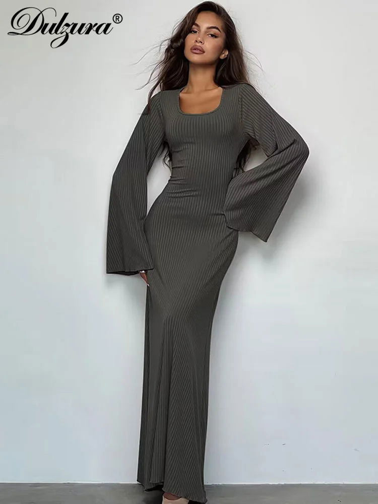 Dulzura Solid Ribbed Trumpet Sleeves Maxi Dress Back Lace-Up Straps Elegant Casual 2023 Autumn Winter For Women Birthday - Slobuy