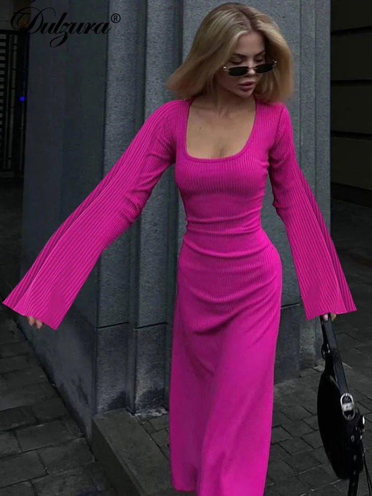 Dulzura Solid Ribbed Trumpet Sleeves Maxi Dress Back Lace-Up Straps Elegant Casual 2023 Autumn Winter For Women Birthday - Slobuy