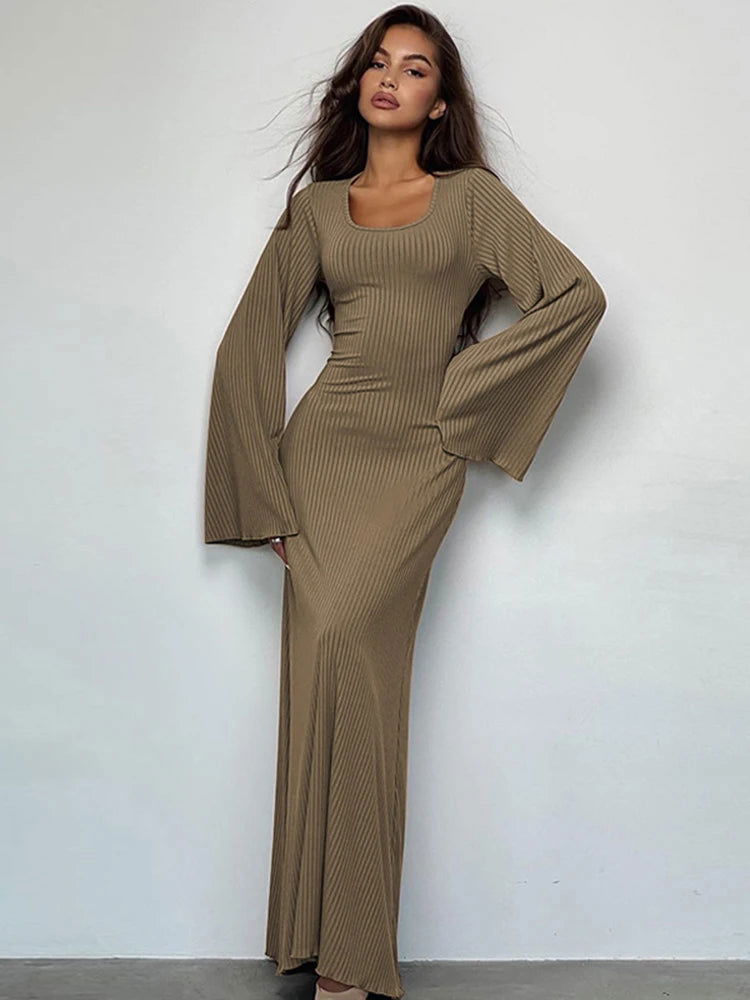 Dulzura Solid Ribbed Trumpet Sleeves Maxi Dress Back Lace-Up Straps Elegant Casual 2023 Autumn Winter For Women Birthday - Slobuy