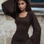Dulzura Solid Ribbed Trumpet Sleeves Maxi Dress Back Lace-Up Straps Elegant Casual 2023 Autumn Winter For Women Birthday - Slobuy